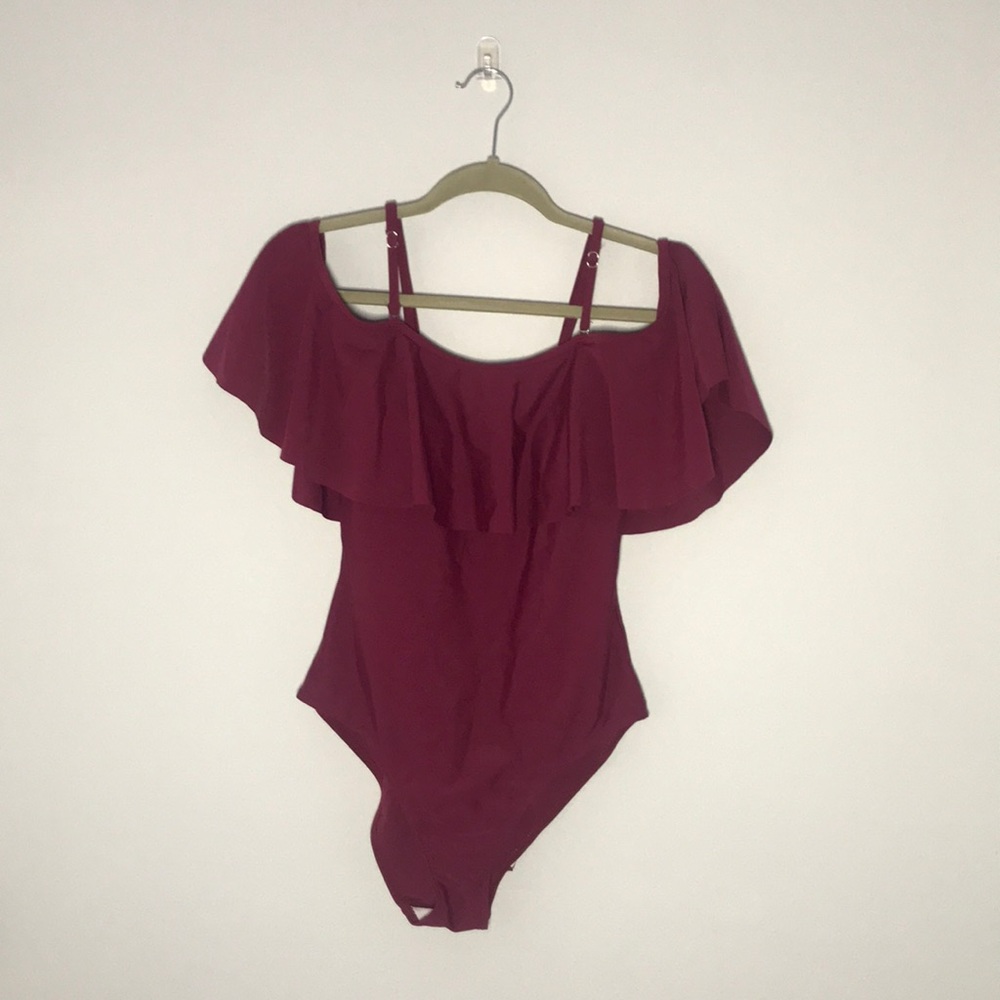 maroon off the shoulder one piece bathing suit